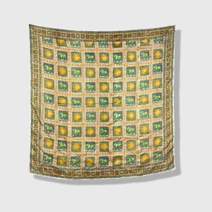 Vintage Hand Woven Silk Scarf Women OS Yellow Teal Orange Boho Animal Print